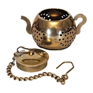 Vintage Gold Metal TEA POT Infuser with Chain and Hook for Tea Leaves small - Picture 1 of 4