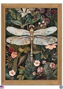 Framed 3D Textured Wall Art - Dark Green Dragonfly Floral Decor 12x16in - Picture 1 of 6