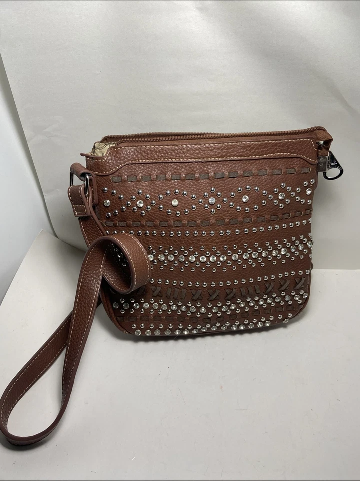 Montana West Conceal Carry Shoulder Bag Brown Pleather Rhinestone Bling - Image 1 of 4