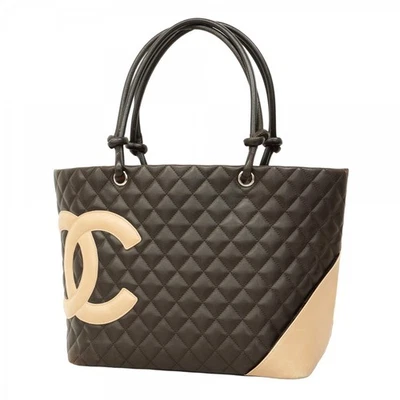 Bolsa tote 5oc2010 h CHANEL cambon pele de cordeiro marrom bege prata hardware usada feminina - Imagem 1 de 4