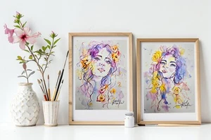 Original Aquarell Gemälde Abstrakt Portrait eines Mädchens Kunstwerk Diptychon Kunst - Bild 1 von 3