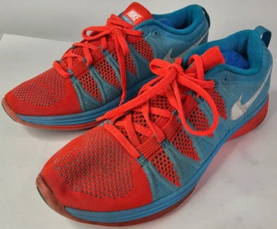 Nike Mujeres Zapatos Flyknit Lunar 2 Talla 9M Correr Neón Naranja Azul 620658-600 Foto 1 de 4