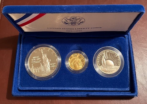 1986 US Liberty Commemorative Proof $5 Gold & Silver 3-Coin Set - Case & COA! Cover