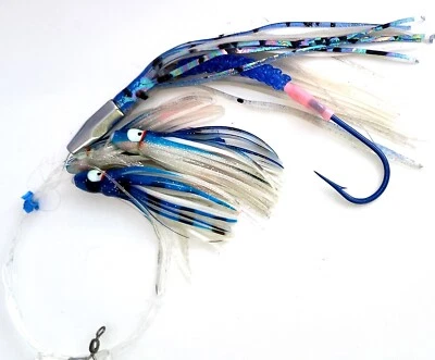 ANCIENT MARINER TACKLE CHROMED HEX HEAD Daisy Chain Trolling Lure Heavy Duty 7/0 Dbl Skirt Teasers BlWh