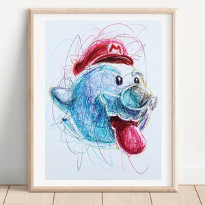 Mario Boo Ballpoint Pen Print, Video Game Art - Picture 1 of 3