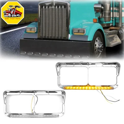 12" Chrome Headlight Bezel W/Amber LED Bar Pair For Kenworth T400 T600 T800 W900 - Image 1 of 4