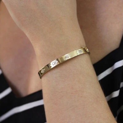 0.8 ctw Natural Diamond Solid 14k Yellow Gold 6 MM Oval Starburst Bangle 6.5 In - Image 1 of 4