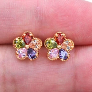 18K Yellow Gold Filled Women Multicolour Mystic Topaz Flower Stud Earrings - Picture 1 of 8