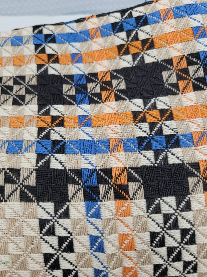 Vtg Jacquard Woven Fabric 45" X 10" Plaid Orange Black Blue White Tan Retro - Image 1 of 4