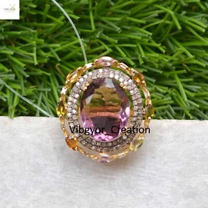 Amethyst Gemstone Pave Diamond Ring Gold Plated 925 Silver Multi Tourmaline Ring - Picture 1 of 5