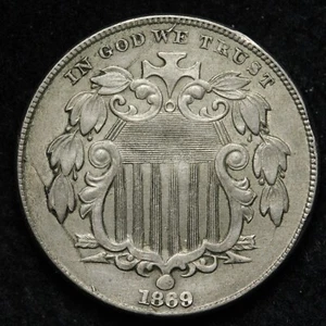 1869 BIG DIE CRACK Shield Nickel AU E167 GJFM - Picture 1 of 2