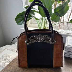 Brighton Chantilly Vintage schwarz Leder Kroko Umhängetasche Handtasche - Bild 1 von 13