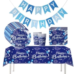 Blue Happy Birthday Banner party decorations balloons Plates cups tableware set - Picture 1 of 23