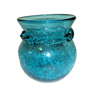 MCM Schale Vase Crackle Glas blau Rigoree mundgeblasen Pontil Mark 4" hoch Vintage - Bild 1 von 4