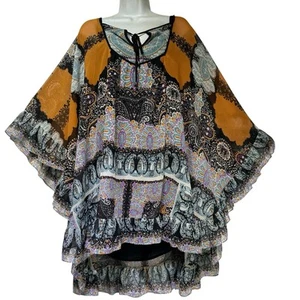 Free People Boho Paisley Ruffle Hem Blouse Top Batwing Bell Sleeve Size S - Picture 1 of 10