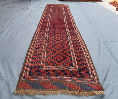 2.1 x 9.4 ft Traditional Afghan Mushwani Runner – Deep Red & Navy Wool Hallway. - Image 1 of 4