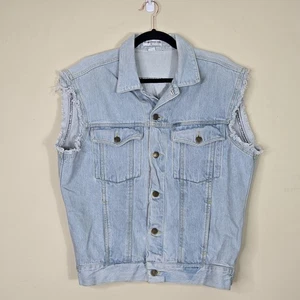 Vintage 80's Mens Small Guess Denim Vest Light Wash Jean Distressed Pockets - Picture 1 of 16