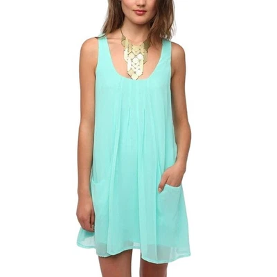 Vestido trapecio pintuck sin mangas desvanecido brillante drapeado gasa pintuck bolsillos XS Foto 1 de 4