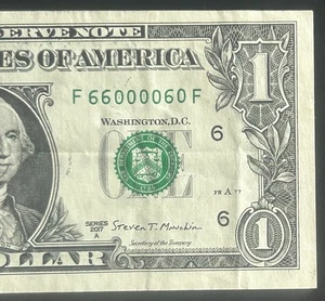 (BINARY/TRUE FLIPPER!) $1 Binary Rare Fancy Serial Number F66000060F *2017A* - Picture 1 of 4