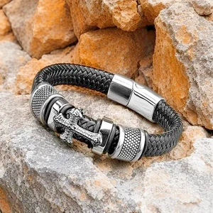 Men's Stainless Steel Cross Leather Braided Bracelet Magnetic Faith Bangle Gift - Picture 1 of 3