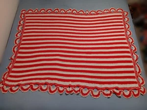 Handmade Crochet Afghan Throw Blanket Red White Stripes 67" x 47" Plus Border - Picture 1 of 3