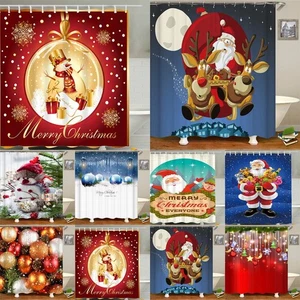 Cheerful Christmas Shower Curtain Featuring Santa Claus And Snowman For Festive - Picture 1 of 13