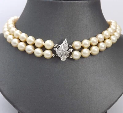 Double Strand Cultured Pearl Necklace Natural Mine Cut Diamond White Gold Clasp - Image 1 of 4
