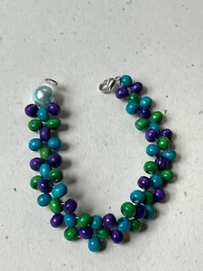 Small Aqua Green & Purple Wood Bead Bracelet – 7 inches long x 0.5 inches wide – - Picture 1 of 5