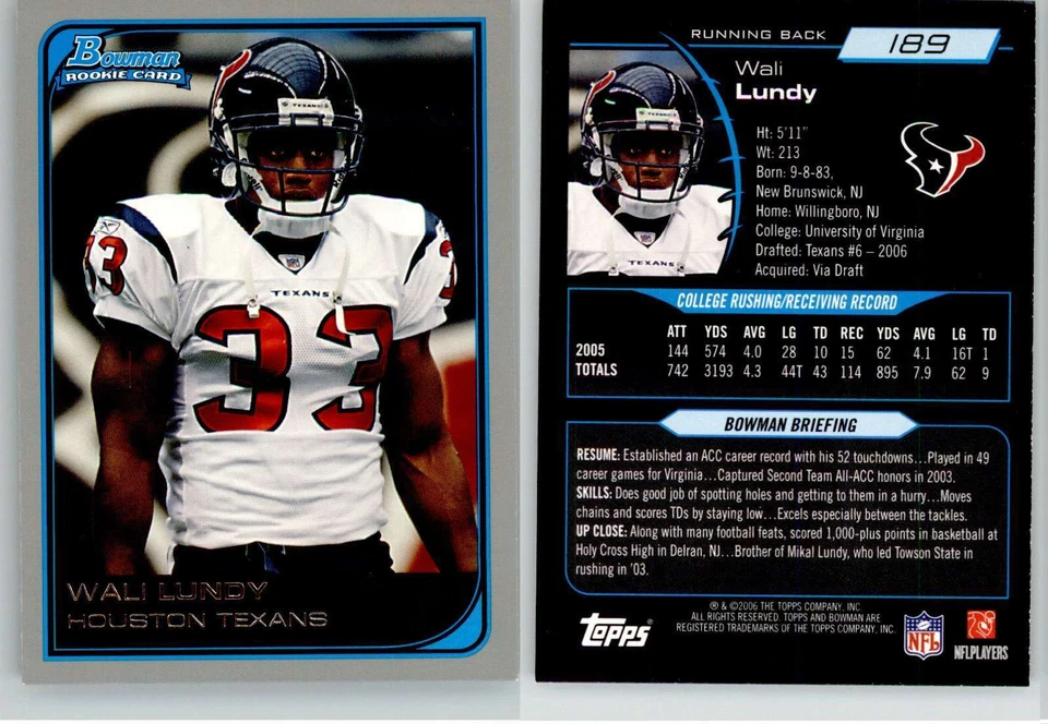 Wali Lundy 2006 Bowman #189 Virginia Texans RC Rookie - Image 1 of 1