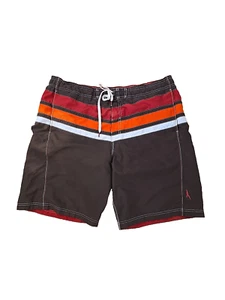 Vintage 90s Speedo Swim Trunks Mens XL Brown Orange Cream Red Stripe Beach Retro - Picture 1 of 9