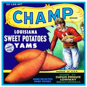 ORIGINAL YAM CRATE LABEL CHAMP VINTAGE FOOTBALL LOUISIANA 50ER JAHRE RUNNING BACK - Bild 1 von 1