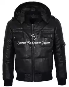 Men's Puffers Hooded Bomber Jacket Navy Real Lambskin Leather Pilot 6 Puffer. - Picture 1 of 7