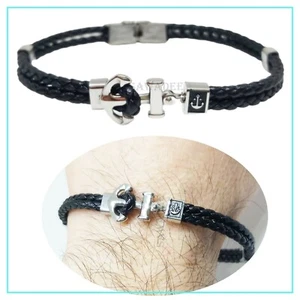 Bracciale da uomo con ancora braccialetto in pelle nero - Foto 1 di 6