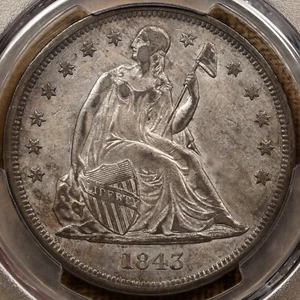 1843 Liberty Seated dollar, PCGS AU53, super choice old gold DavidKahnRareCoins - Picture 1 of 5