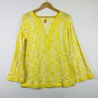 Lucy Yellow Embroidered Trim V-Neck Long Sleeve Tunic Shirt Top Womens Small
