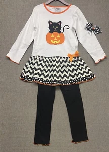 BNWT Ann Loren Halloween Black Cat In Pumpkin Dress Pants Set Girls Size 6 - Picture 1 of 8
