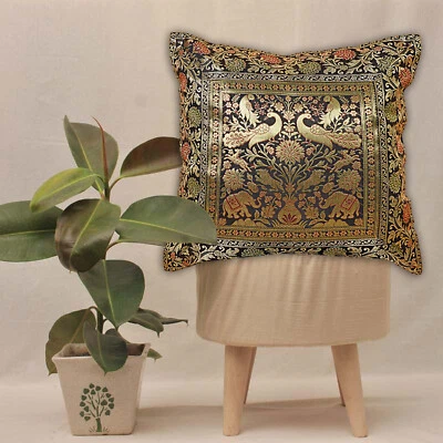 Indian Pillow Cover Elephant Print Brocade Silk Cushion Cover Home Decor 16" - Image 1 of 4
