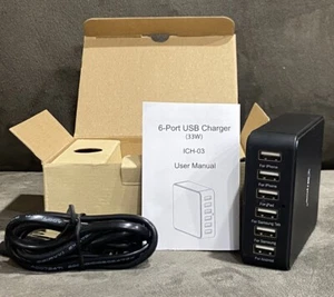 NEW! 6-PORT USB DESKTOP HUB CHARGING STATION TABLET PHONE TOWER CHARGER - BLACK - Picture 1 of 10