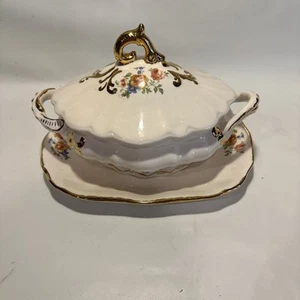 Servizio piatti vintage oro dipinto a mano 1967 con coperchio piatto fiori gialli - Foto 1 di 21