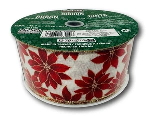 Cinta de Navidad Kirkland Borde de Alambre Vacaciones Poinsettias 2.5" ancho 50 yardas Envoltura - Imagen 1 de 1