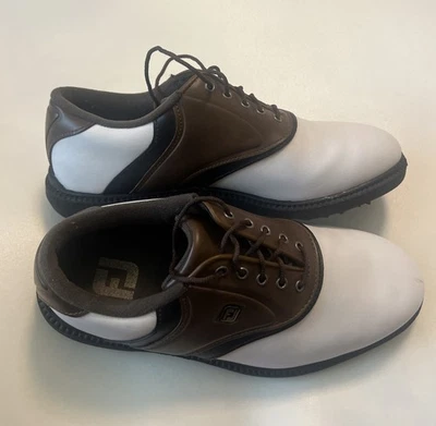 Foot Joy Originals 男式高尔夫鞋 45330 尺寸 7 1/2 宽、棕色、黑色和白色 — 第 1/4 张图片