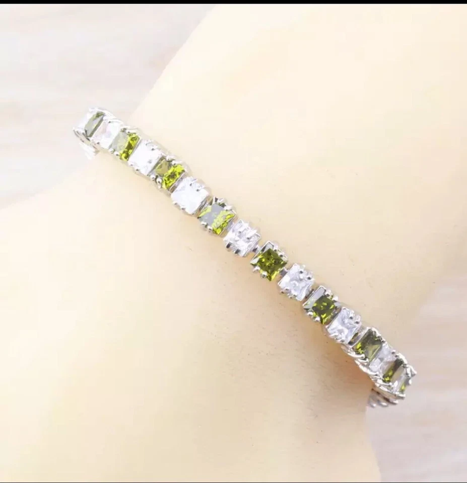 Peridot  White Topaz Tennis  Gemstone Sterling Silver 925 Chain Bracelet  - Image 1 of 4