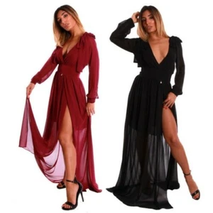 QUEGUAPA Dress Long Woman Girl with Vent And Neckline Deep 07021 - Picture 1 of 9