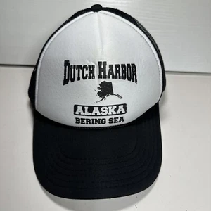 Vintage Dutch Harbor Alaska Bering Sea Trucker Hat Cap Mesh Foam Black White - Picture 1 of 8