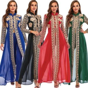 2 Piece Women Chiffon Lace Long Sleeve Maxi Dress Pants Set Abaya Kaftan Gown - Picture 1 of 27