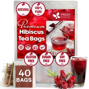 Premium 40 Hibiscus Tea Bags, 100% Natural, Pure Hibiscus, Loose Flower Herbal T - Picture 1 of 9