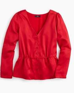 J Crew - 3/4 Arm Schößchen Top in Satin-Krepp - rot Größe 2 neu mit Etikett - Bild 1 von 5