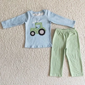 Boutique Baby Sibling Farm Tractors Top Green Gingham Pants Set On Sale - Picture 1 of 5