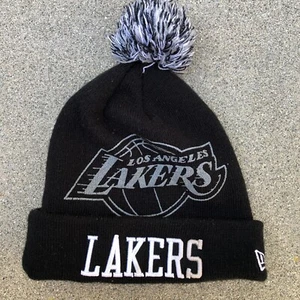 NEW ERA Los Angeles Lakers Pom Beanie Hat Hardwood Classics Cap Black Cuffed - Picture 1 of 7