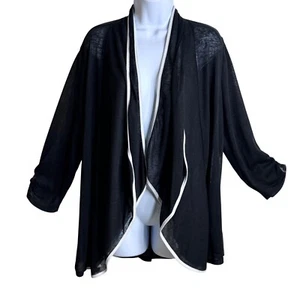 Travel Elements Open Front Cardigan Draped Lightweight Black White Trim L - Picture 1 of 11